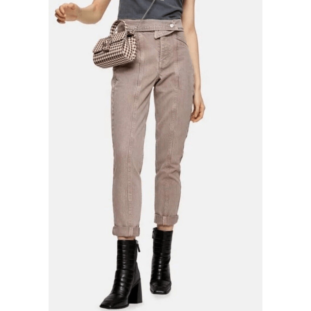 TOPSHOP Cropped Mom Jeans Women's W28 L30 Beige Foldover Waist Slash Pockets